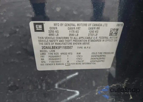 2015 Chevrolet Equinox 1Lt из США, поврежденный, VIN 2GNALBEK9F1180567